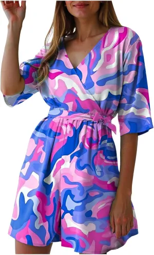 Womens Floral Print Shorts Jumpsuit Wrap V Neck Short Sleeve Casual Loose Oversized Romper