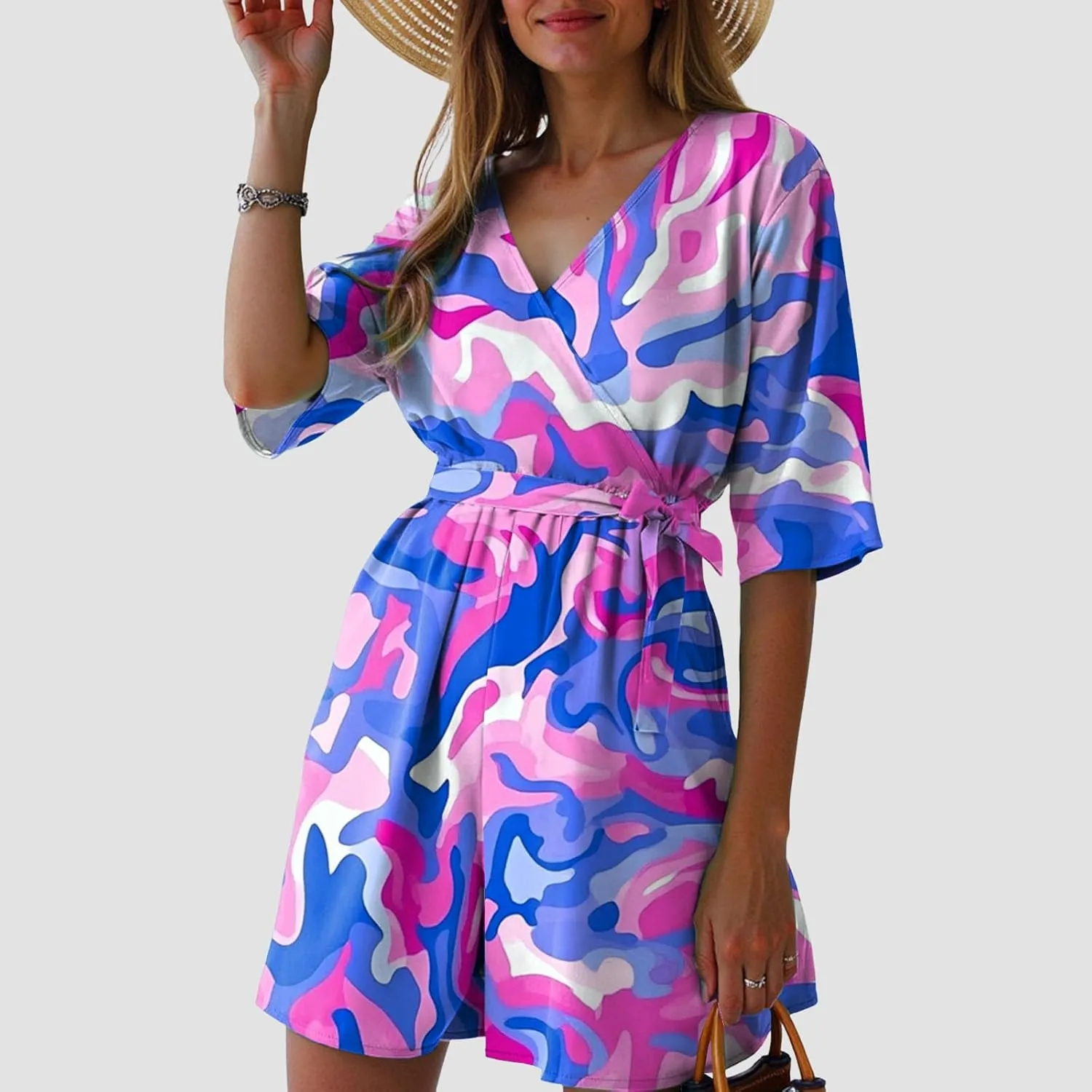 Womens Floral Print Shorts Jumpsuit Wrap V Neck Short Sleeve Casual Loose Oversized Romper