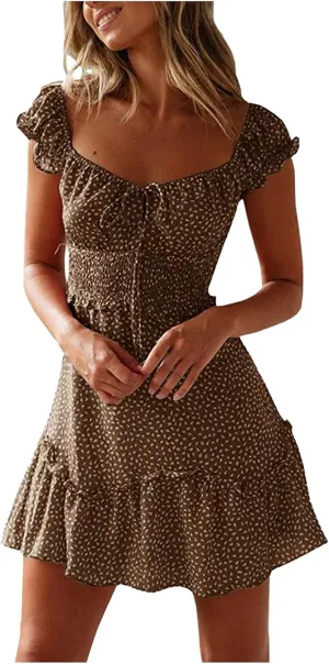 Women's Floral Smocked Tiered Ruffle Dress Pleated High Waist Sweetheart Neckline Mini Dresses Short Sundress