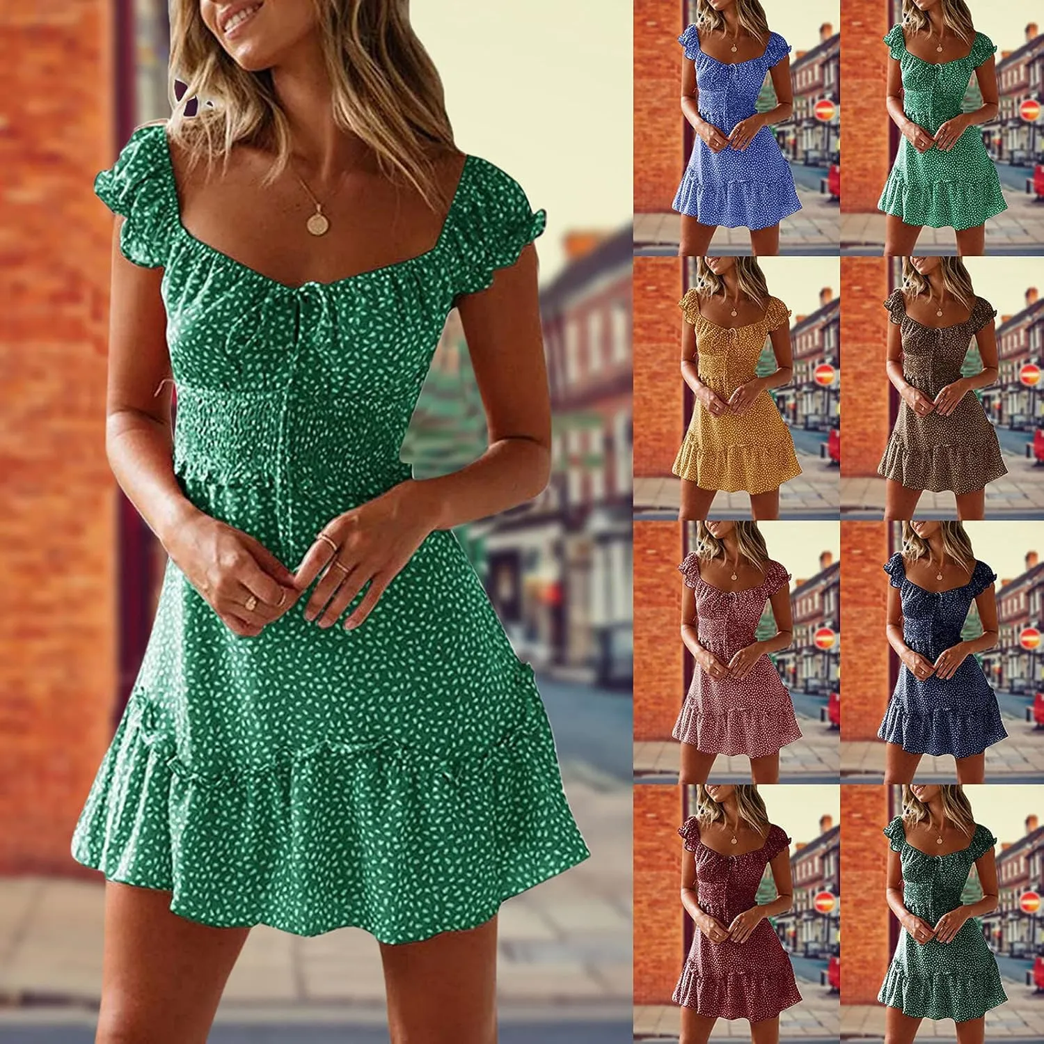 Women's Floral Smocked Tiered Ruffle Dress Pleated High Waist Sweetheart Neckline Mini Dresses Short Sundress