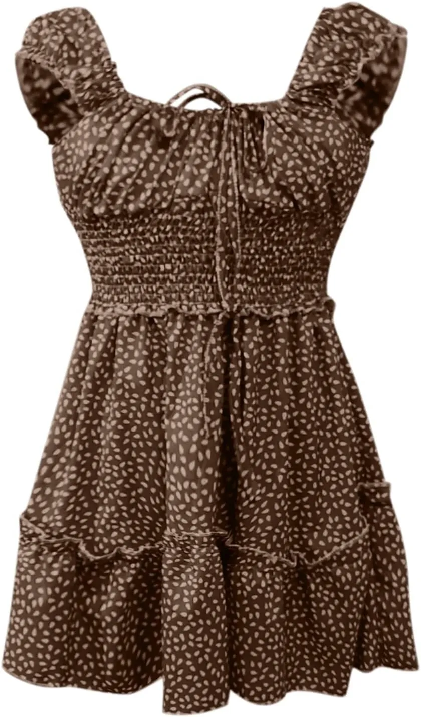 Women's Floral Smocked Tiered Ruffle Dress Pleated High Waist Sweetheart Neckline Mini Dresses Short Sundress