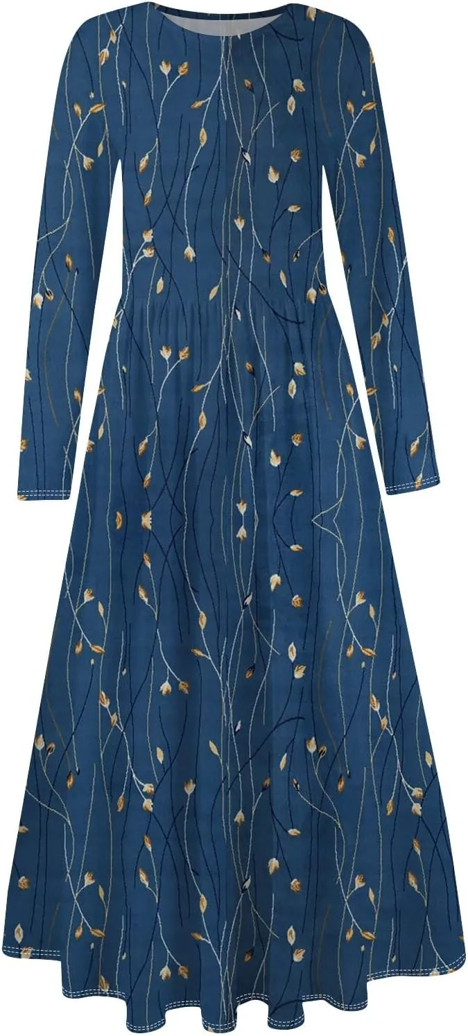 Women's Floral,Gradient Print Midi Boho Dress Casual Long Sleeve Flowy Smocked Dresses with Pocket Fashion