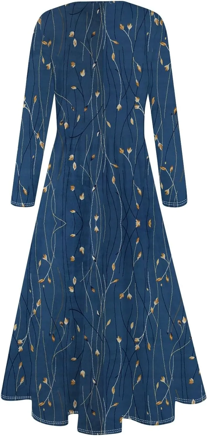Women's Floral,Gradient Print Midi Boho Dress Casual Long Sleeve Flowy Smocked Dresses with Pocket Fashion