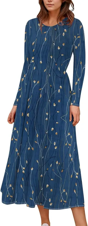 Women's Floral,Gradient Print Midi Boho Dress Casual Long Sleeve Flowy Smocked Dresses with Pocket Fashion