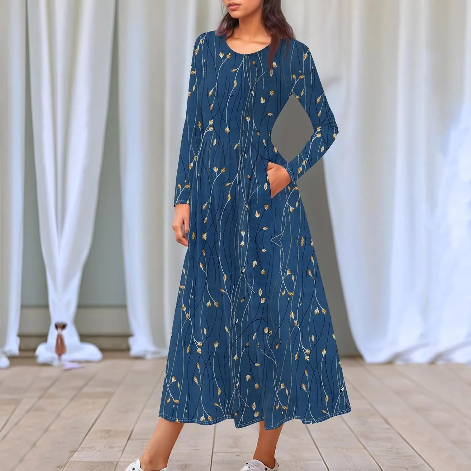 Women's Floral,Gradient Print Midi Boho Dress Casual Long Sleeve Flowy Smocked Dresses with Pocket Fashion
