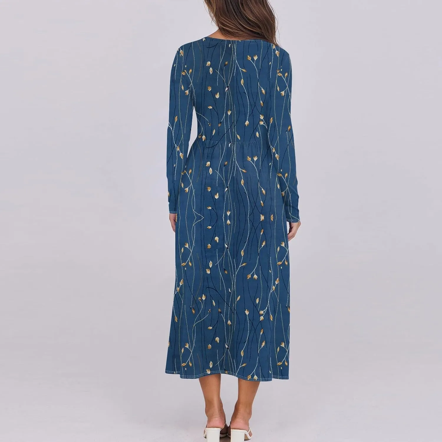 Women's Floral,Gradient Print Midi Boho Dress Casual Long Sleeve Flowy Smocked Dresses with Pocket Fashion