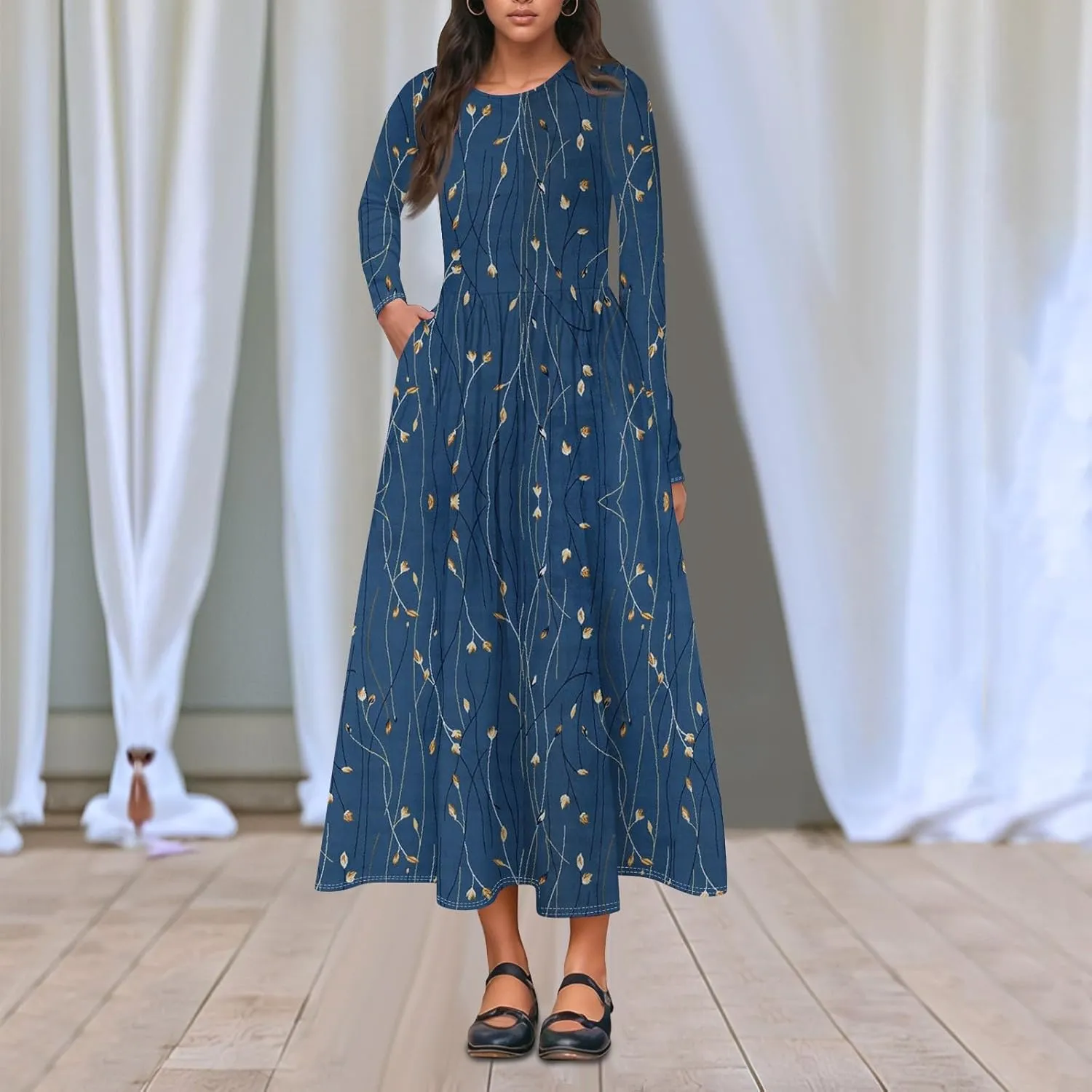 Women's Floral,Gradient Print Midi Boho Dress Casual Long Sleeve Flowy Smocked Dresses with Pocket Fashion