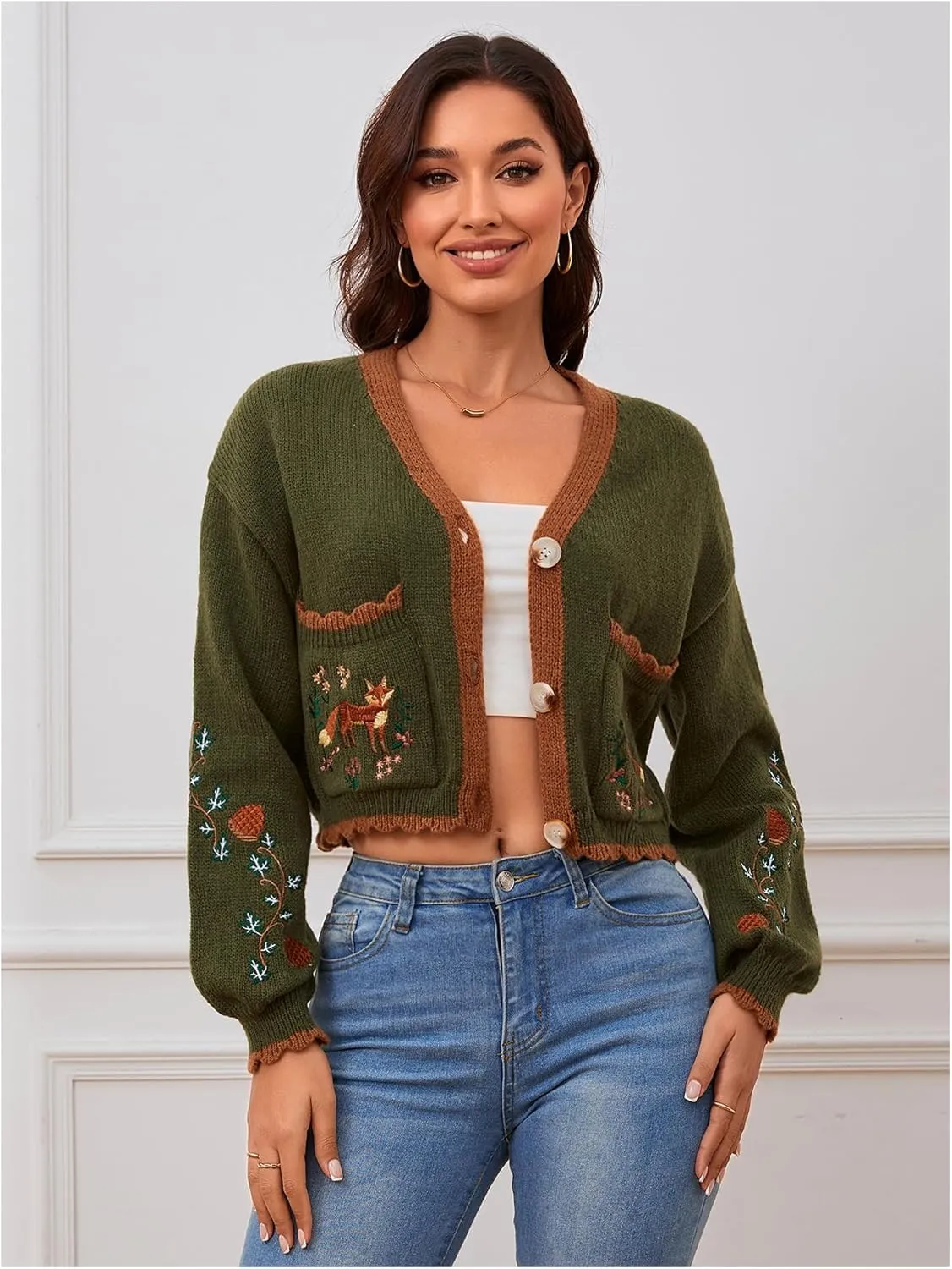 Women's Flower Embroidery Cardigans Sweaters Long Sleeve Button Down Knitted Loose Outwear