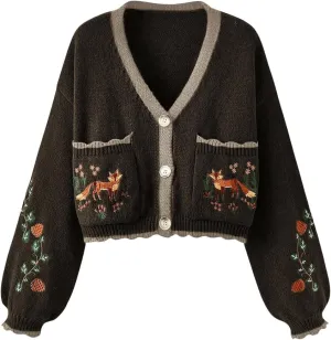 Women's Flower Embroidery Cardigans Sweaters Long Sleeve Button Down Knitted Loose Outwear