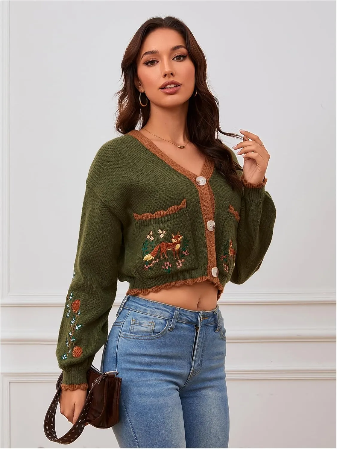 Women's Flower Embroidery Cardigans Sweaters Long Sleeve Button Down Knitted Loose Outwear