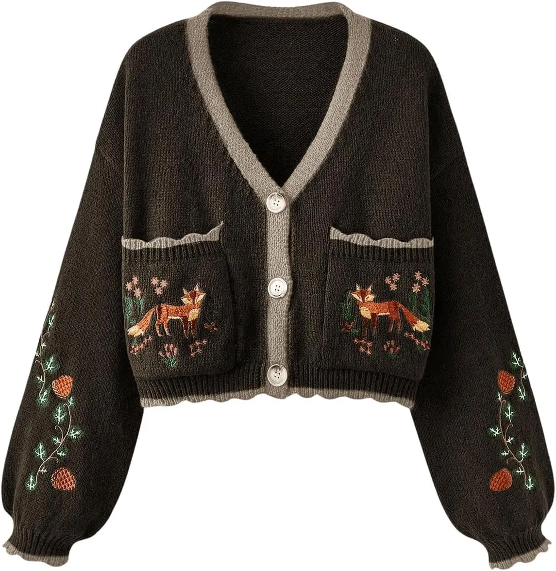 Women's Flower Embroidery Cardigans Sweaters Long Sleeve Button Down Knitted Loose Outwear