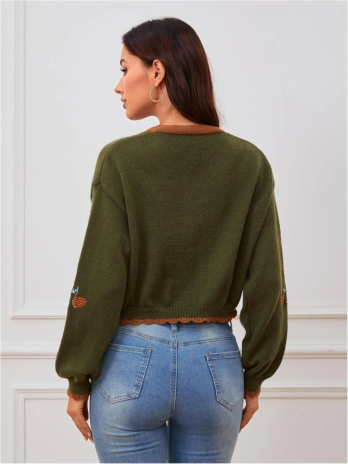 Women's Flower Embroidery Cardigans Sweaters Long Sleeve Button Down Knitted Loose Outwear