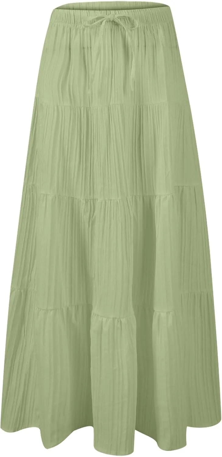 Women's Flowy Flared Ruffle Boho Long Skirt Summer Maxi Skirt Tiered Long Vacation A-Line Pleated Drawstring Swing Skirts