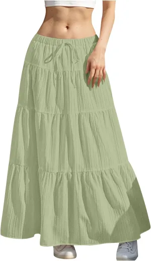 Women's Flowy Flared Ruffle Boho Long Skirt Summer Maxi Skirt Tiered Long Vacation A-Line Pleated Drawstring Swing Skirts