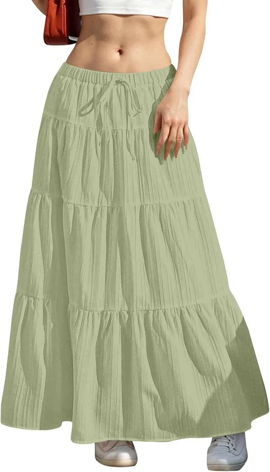 Women's Flowy Flared Ruffle Boho Long Skirt Summer Maxi Skirt Tiered Long Vacation A-Line Pleated Drawstring Swing Skirts