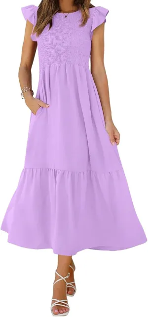 Womens Flutter Short Sleeve Smocked Midi Dress Casual Tiered Modest Floral Boho Maxi Dress Boho Sundress