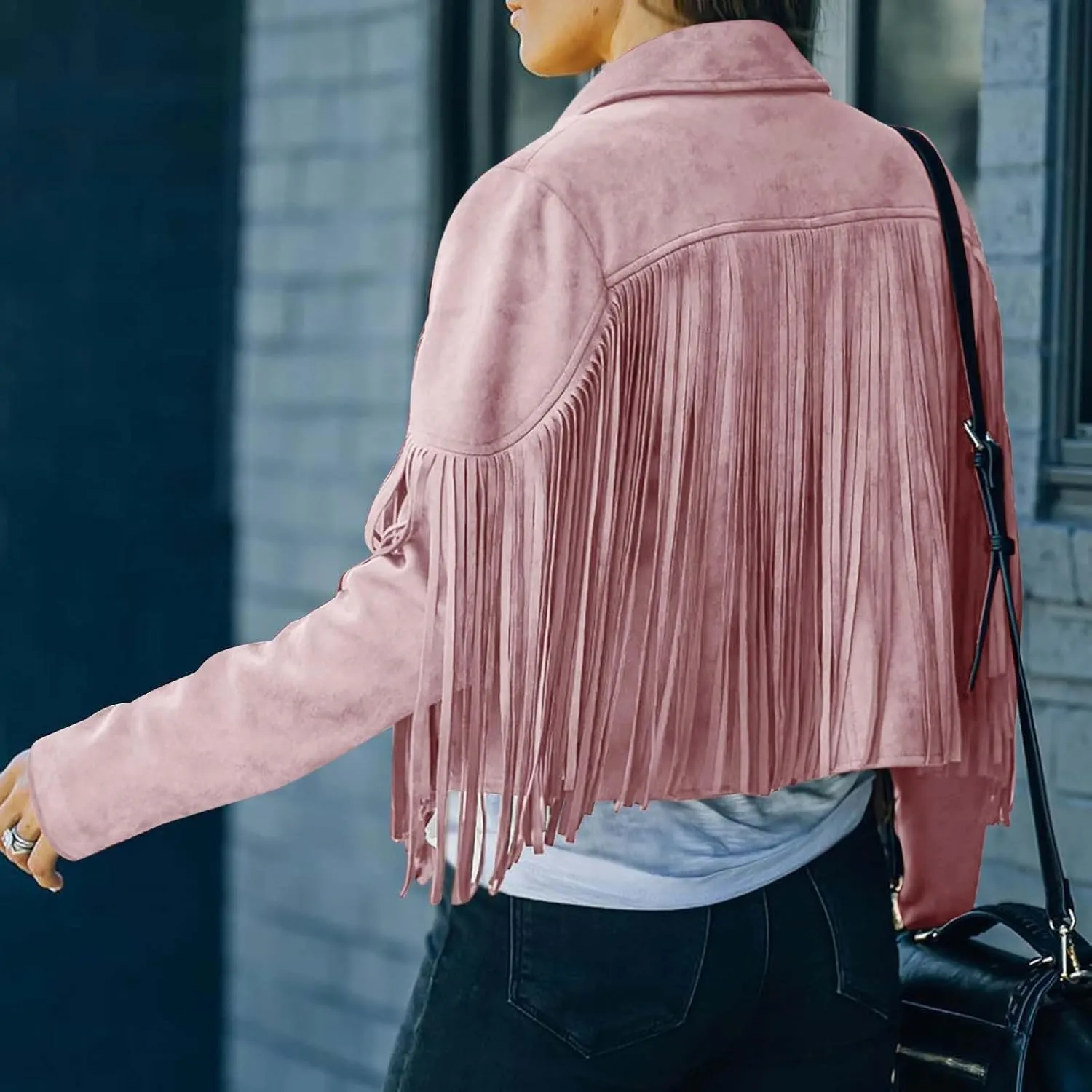 Women's Fringe Faux Suede Leather Jackets 2025 Fashion Tassel Motorcycle Cropped Coats Trendy Cardigan Outwear