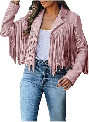 Women's Fringe Faux Suede Leather Jackets 2025 Fashion Tassel Motorcycle Cropped Coats Trendy Cardigan Outwear