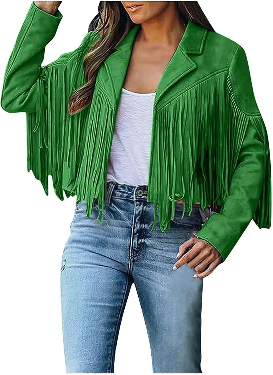 Women's Fringe Faux Suede Leather Jackets 2025 Fashion Tassel Motorcycle Cropped Coats Trendy Cardigan Outwear