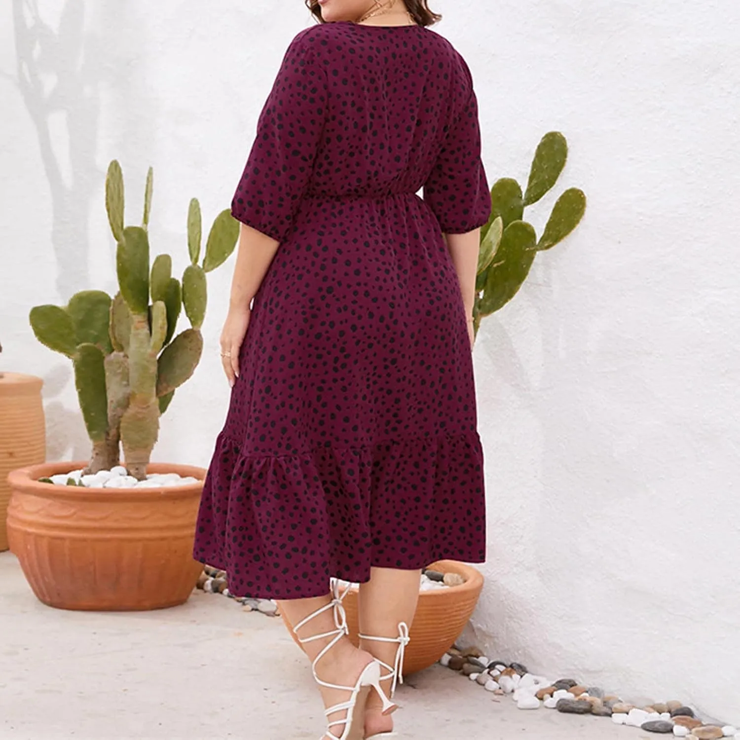 Women's Half Sleeve Plus Size Swing Dress Round Neck Elastic Waist Midi Flowy Knee Length Boho Loose Tunic Dresses