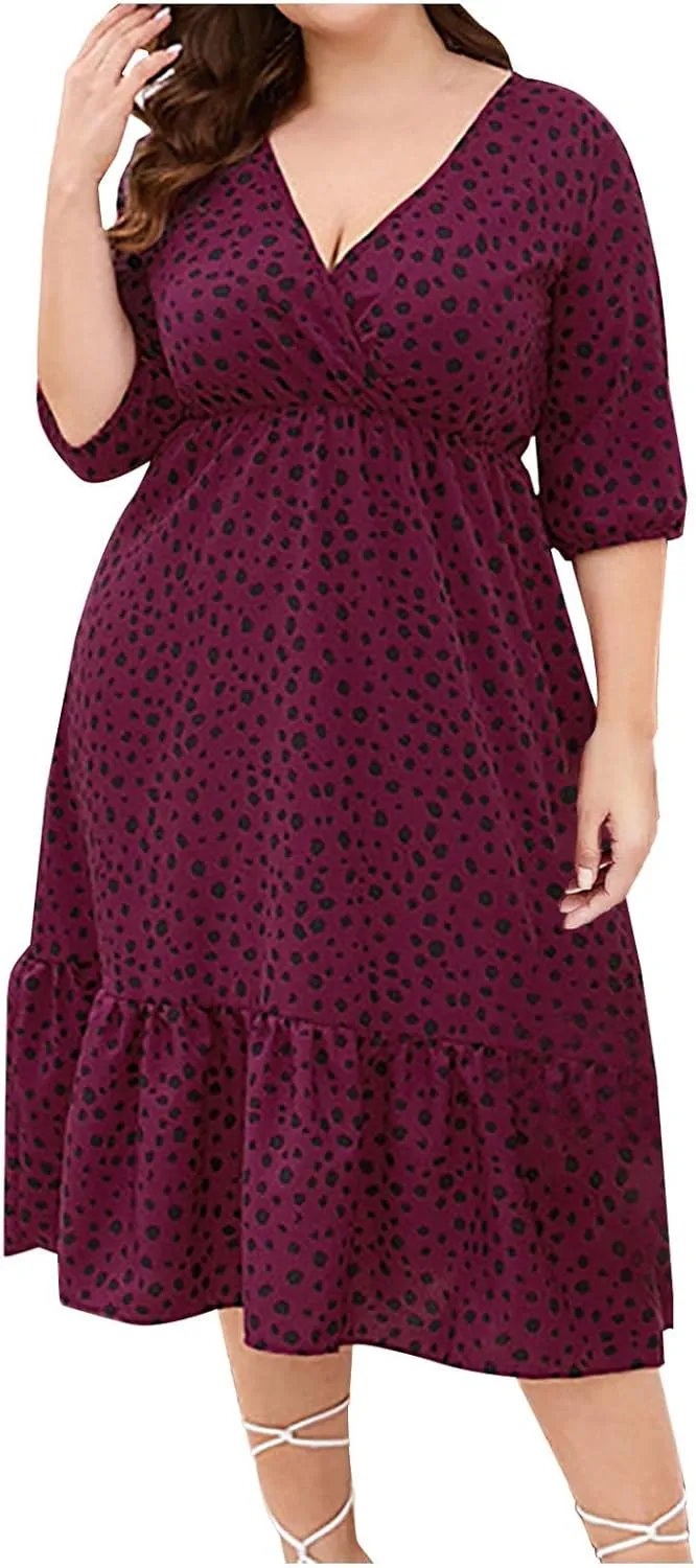 Women's Half Sleeve Plus Size Swing Dress Round Neck Elastic Waist Midi Flowy Knee Length Boho Loose Tunic Dresses