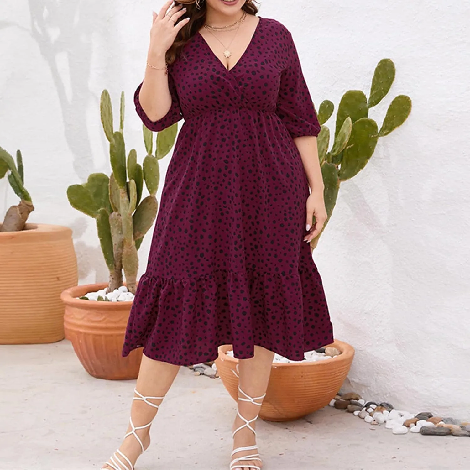 Women's Half Sleeve Plus Size Swing Dress Round Neck Elastic Waist Midi Flowy Knee Length Boho Loose Tunic Dresses