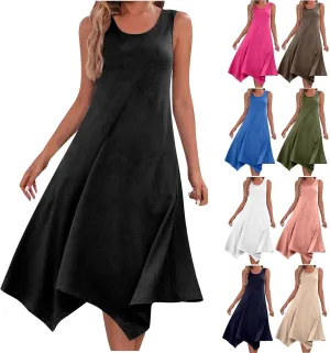 Women's Hankerchief Hem Maxi Tank Dresses Summer Sleeveless Crew Neck Sundress Casual Ruffle A-Line Boho Dress Beach Dresses for Women 2024 Vacation Black M