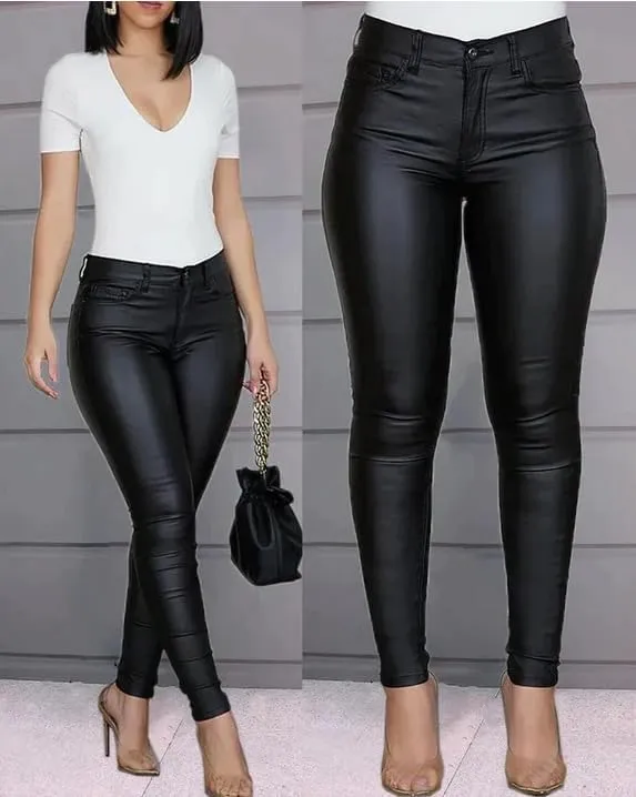 Womens High-Waist PU Leather Leggings  Stretchy Faux Leather Pants for Club, Casual, or Night Out