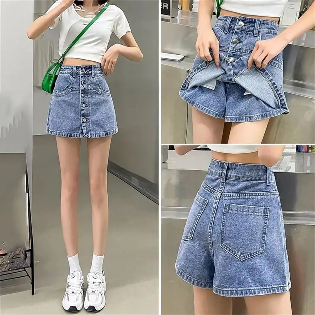 Women's High-Waisted All-Match A-Line Denim Skirt Pants Women Single Breasted Casual Skirt