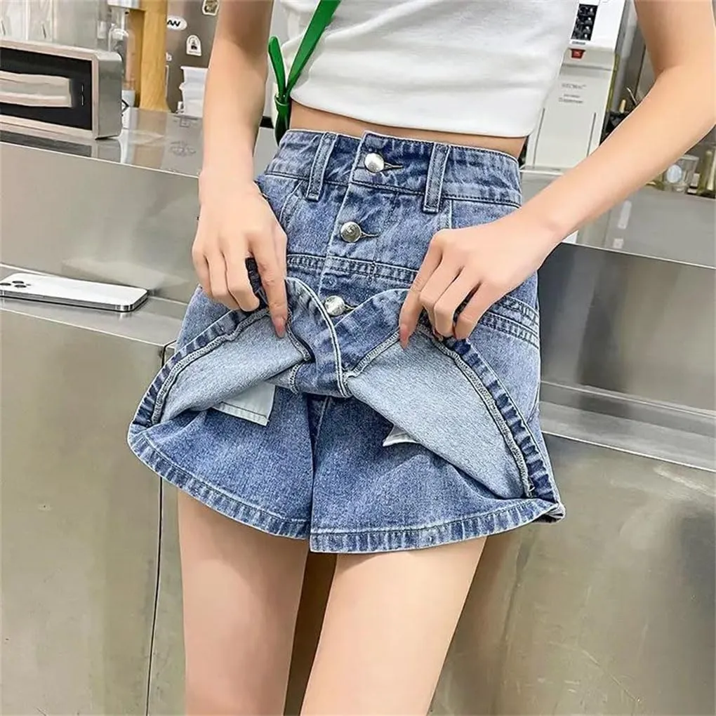 Women's High-Waisted All-Match A-Line Denim Skirt Pants Women Single Breasted Casual Skirt