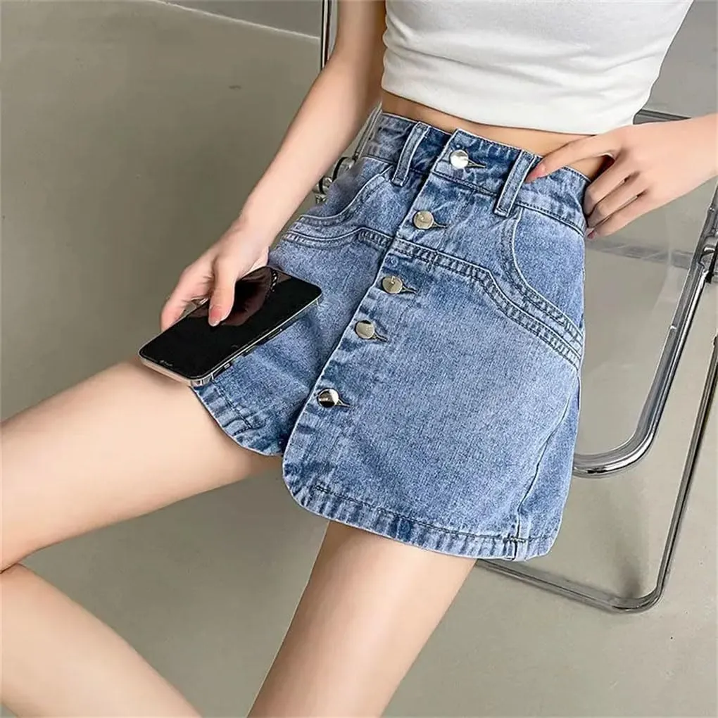 Women's High-Waisted All-Match A-Line Denim Skirt Pants Women Single Breasted Casual Skirt
