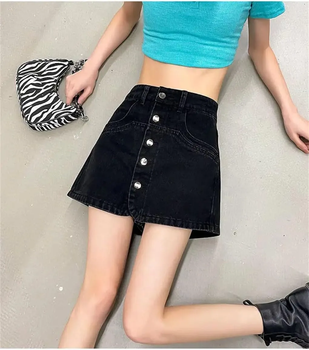 Women's High-Waisted All-Match A-Line Denim Skirt Pants Women Single Breasted Casual Skirt