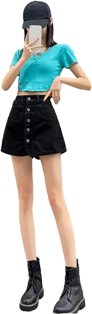 Women's High-Waisted All-Match A-Line Denim Skirt Pants Women Single Breasted Casual Skirt