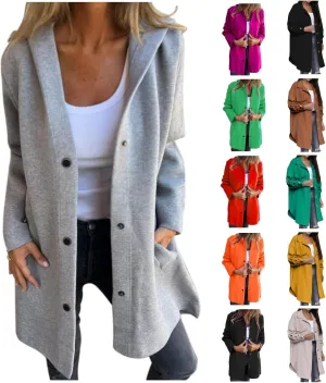 Womens Jackets Casual Single Breasted Hooded Jacket Lapel Neck Long Sleeve Solid Color Trench Coat for Women 2024