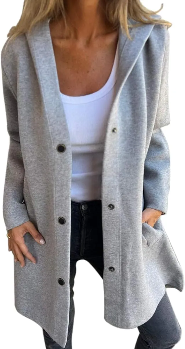 Womens Jackets Casual Single Breasted Hooded Jacket Lapel Neck Long Sleeve Solid Color Trench Coat for Women 2024