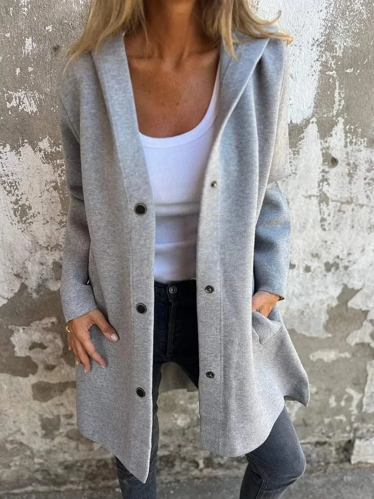 Womens Jackets Casual Single Breasted Hooded Jacket Lapel Neck Long Sleeve Solid Color Trench Coat for Women 2024