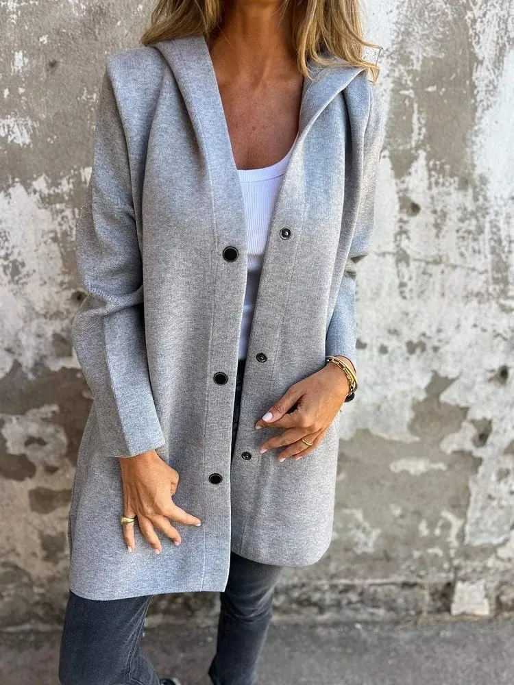 Womens Jackets Casual Single Breasted Hooded Jacket Lapel Neck Long Sleeve Solid Color Trench Coat for Women 2024