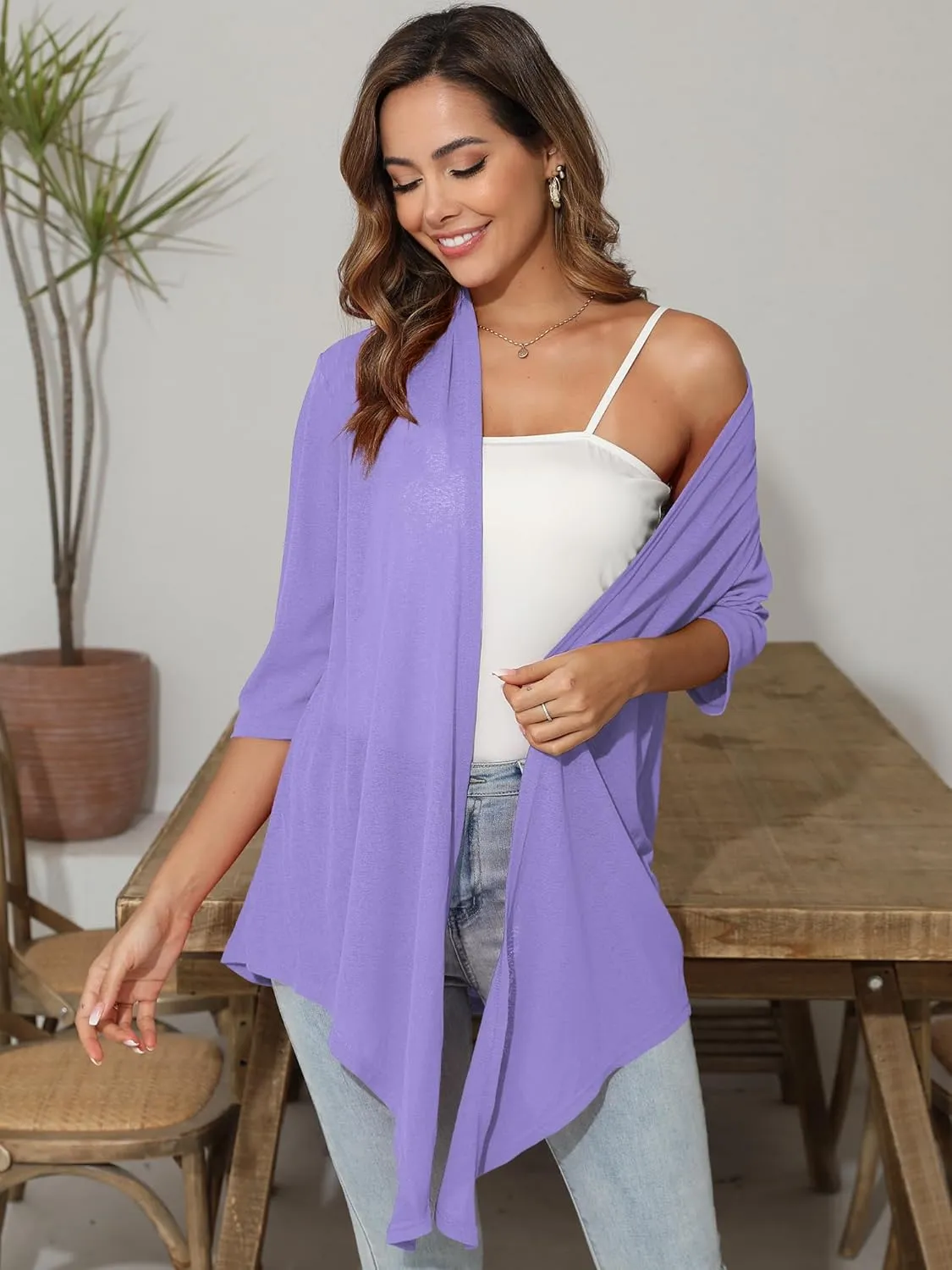 Women's Lightweight Open Front Cardigans 3/4 Sleeve Casual Soft Sheer Cardigan S-3XL