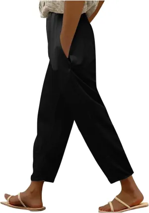 Womens Linen Blend Summer Baggy Pant Trousers Low Waist Wide Leg Plus Size Palazzo Pants Beach