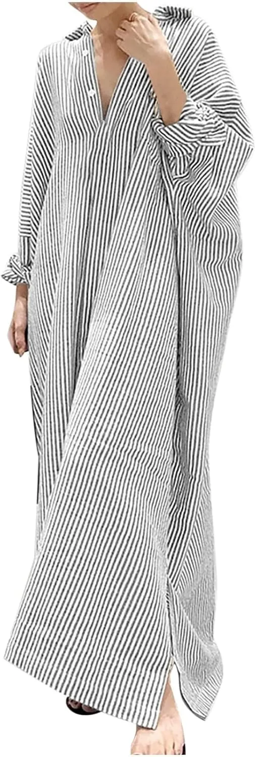 Womens Long Sleeve Button Down Shirt Dress Casual Striped Print Maxi Dresses Loose Fit Floor Length Slit Dress