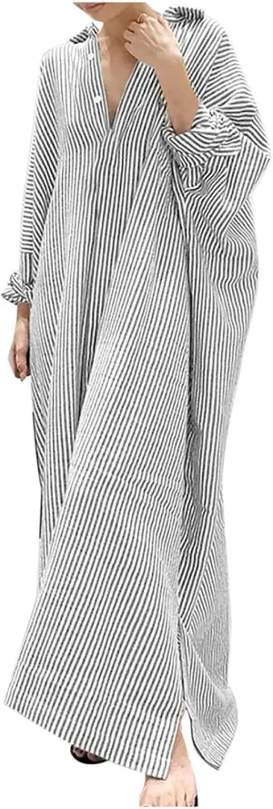Womens Long Sleeve Button Down Shirt Dress Casual Striped Print Maxi Dresses Loose Fit Floor Length Slit Dress