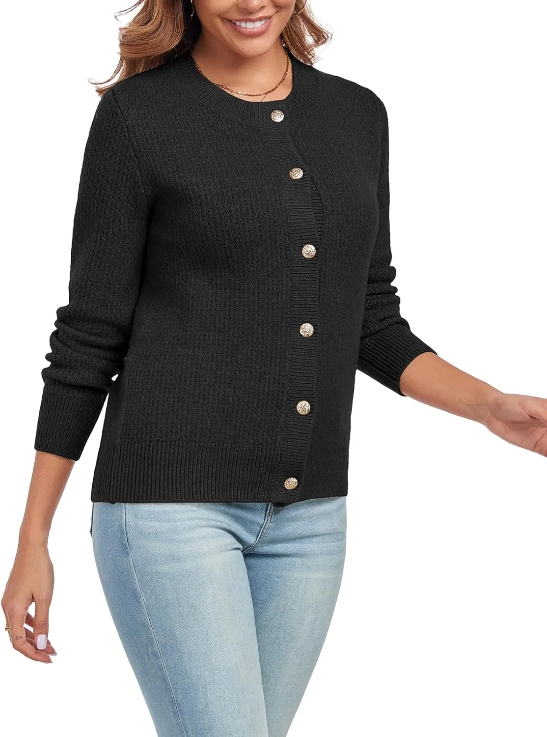 Women's Long Sleeve Button Knit Cardigan Sweater Open Front Crew Neck Striped Cardigan Jacket
