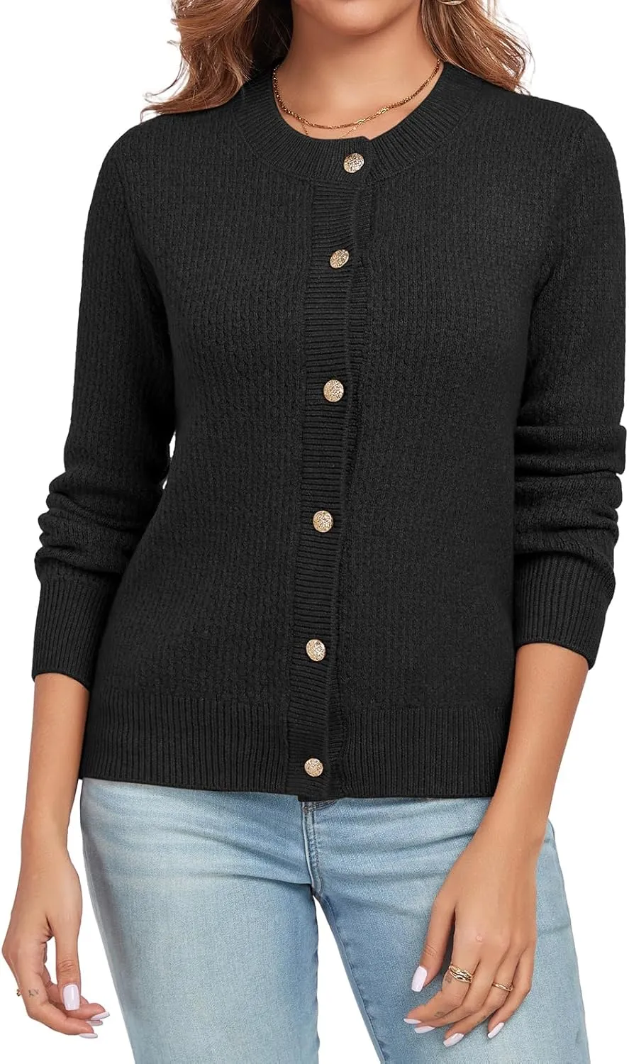 Women's Long Sleeve Button Knit Cardigan Sweater Open Front Crew Neck Striped Cardigan Jacket