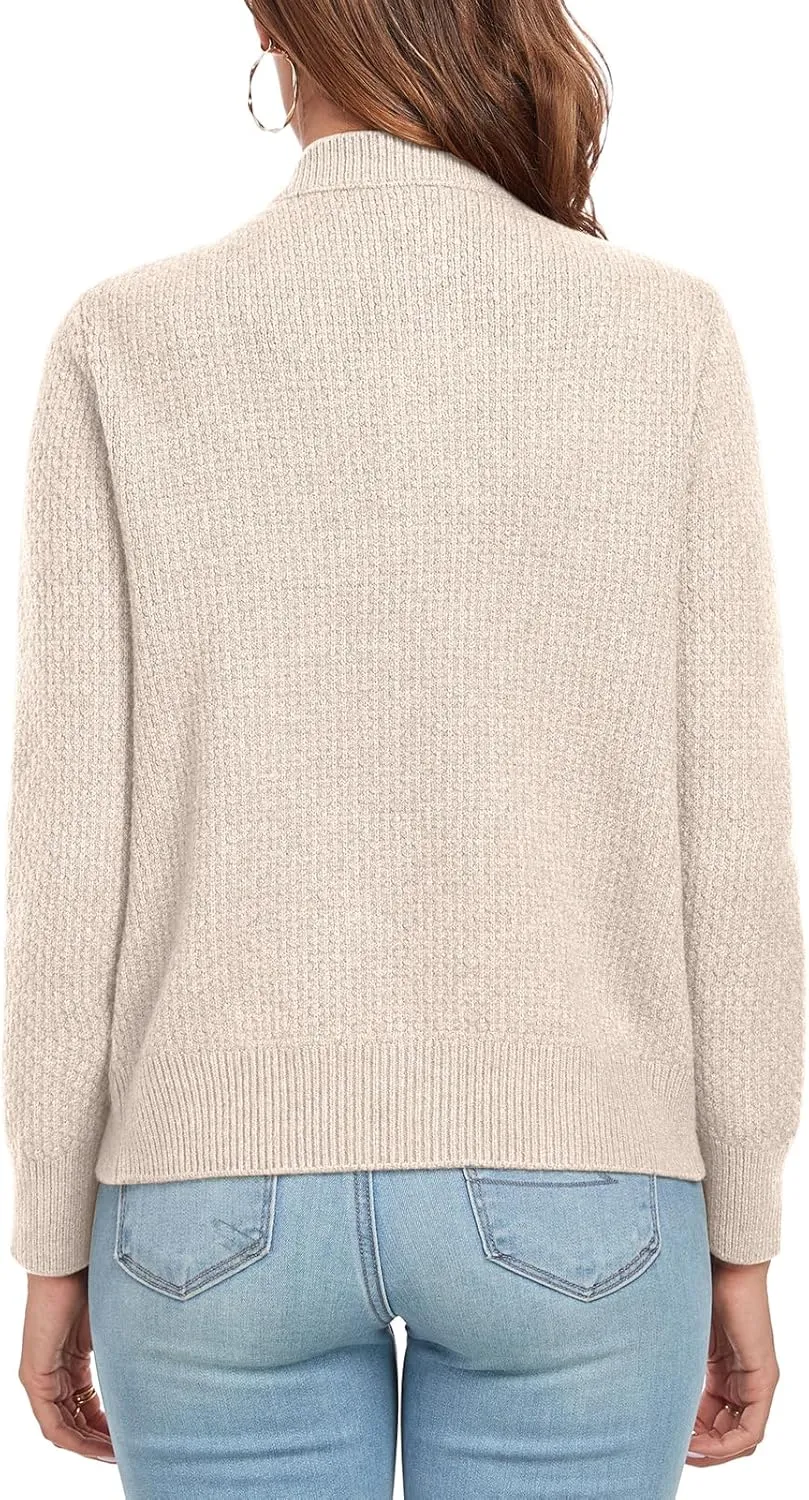 Women's Long Sleeve Button Knit Cardigan Sweater Open Front Crew Neck Striped Cardigan Jacket