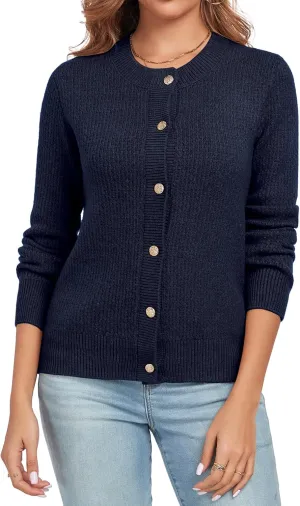 Women's Long Sleeve Button Knit Cardigan Sweater Open Front Crew Neck Striped Cardigan Jacket