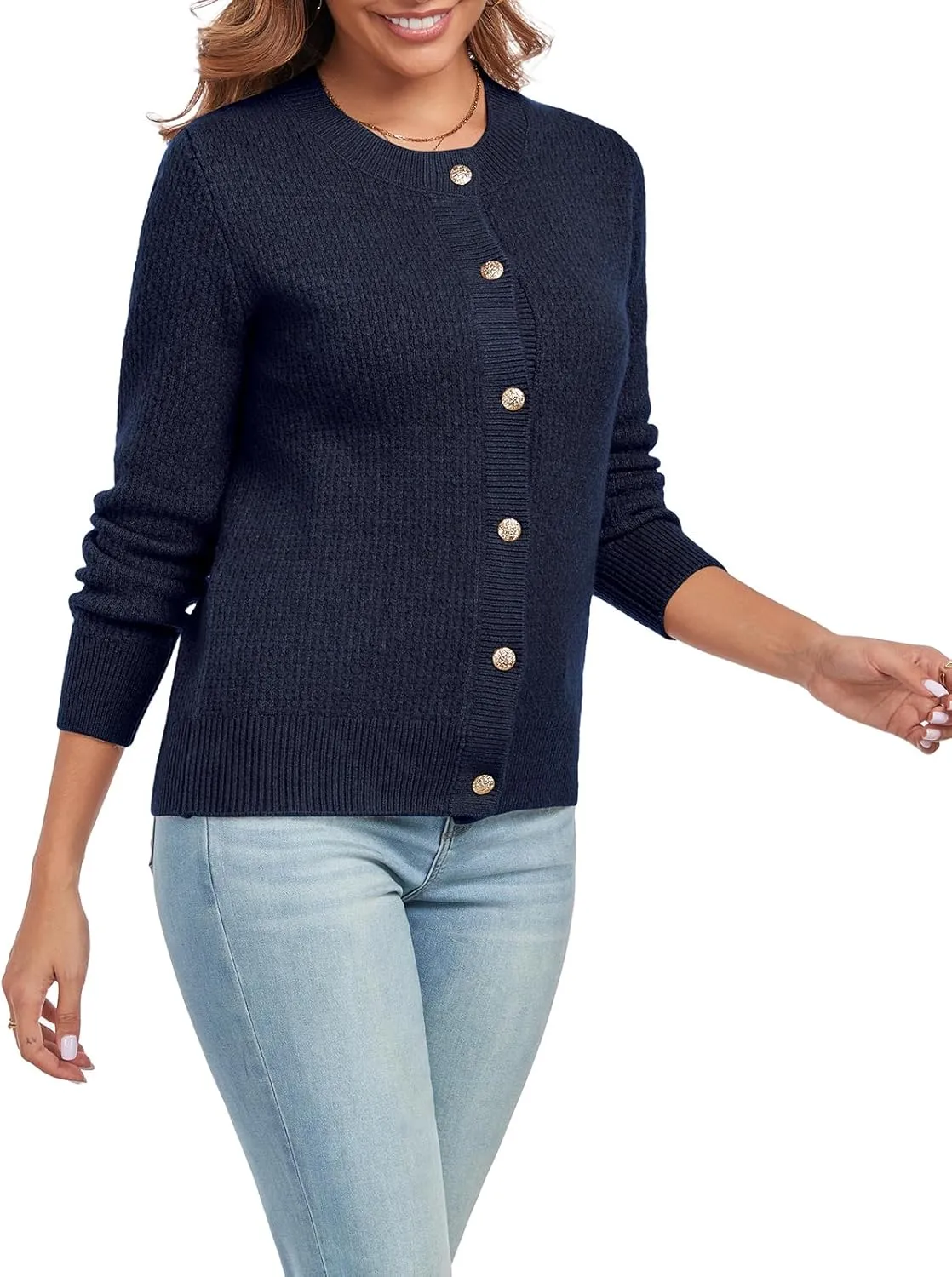 Women's Long Sleeve Button Knit Cardigan Sweater Open Front Crew Neck Striped Cardigan Jacket