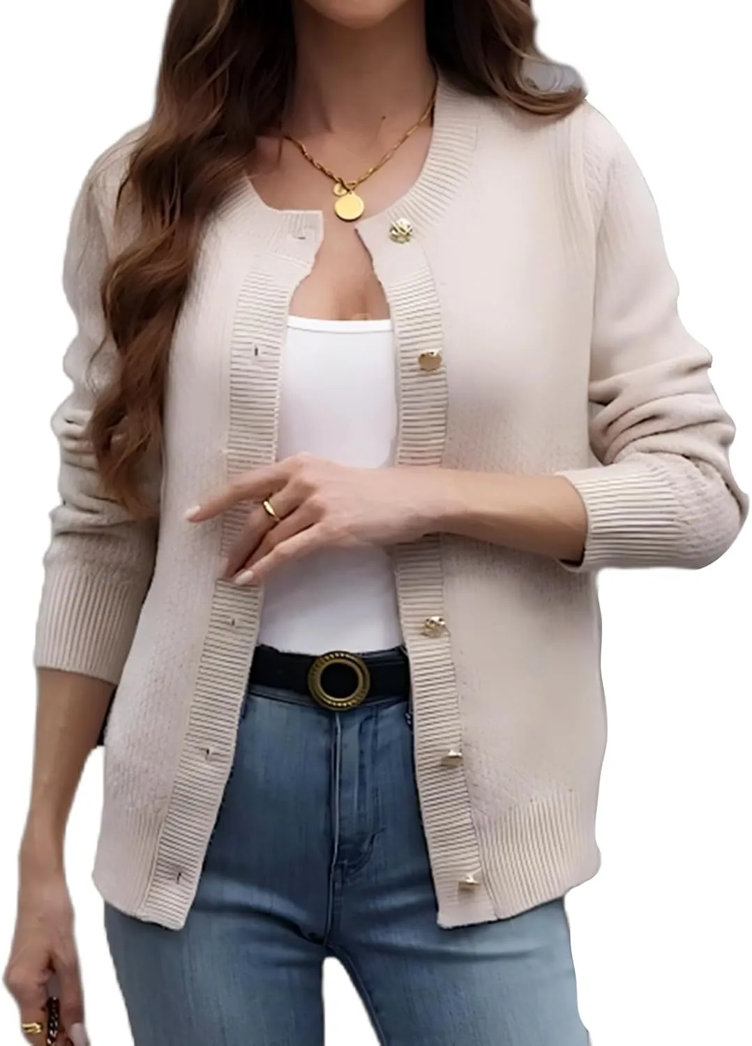 Women's Long Sleeve Button Knit Cardigan Sweater Open Front Crew Neck Striped Cardigan Jacket