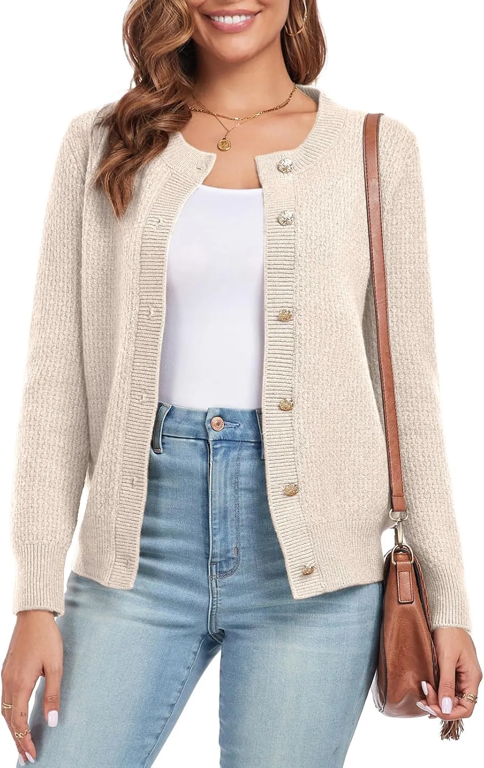 Women's Long Sleeve Button Knit Cardigan Sweater Open Front Crew Neck Striped Cardigan Jacket