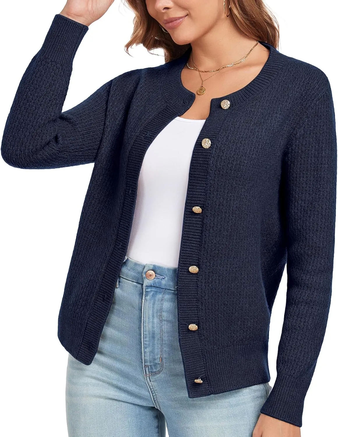 Women's Long Sleeve Button Knit Cardigan Sweater Open Front Crew Neck Striped Cardigan Jacket