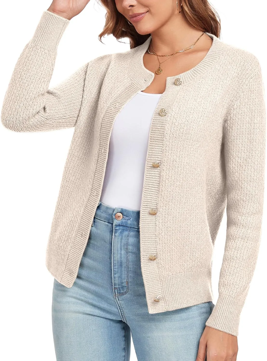 Women's Long Sleeve Button Knit Cardigan Sweater Open Front Crew Neck Striped Cardigan Jacket